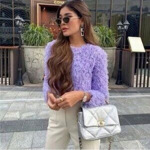 Zara Feather Effects Purple Shaggy Long Sleeve Cropped Sweater Top Small